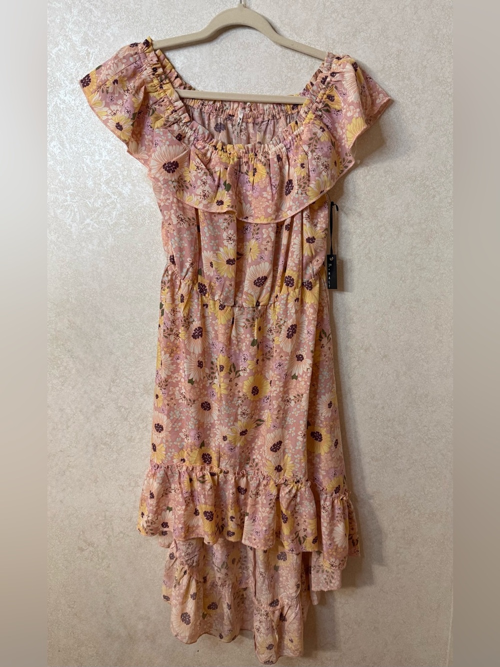 Pink Floral Ruffle Off-Shoulder Dress